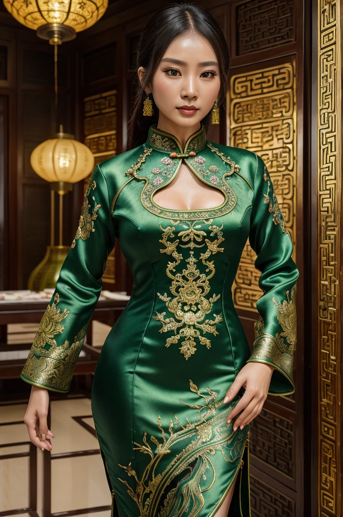 an alien creature,intricate cheongsam dress,asian royal room,green skin,barely humanoid,extremely detailed,photorealistic,ultra-detailed,masterpiece,8k,award winning art,dramatic lighting,ornate decor,ancient artifacts,opulent furnishings,silk embroidery,traditional chinese architecture
