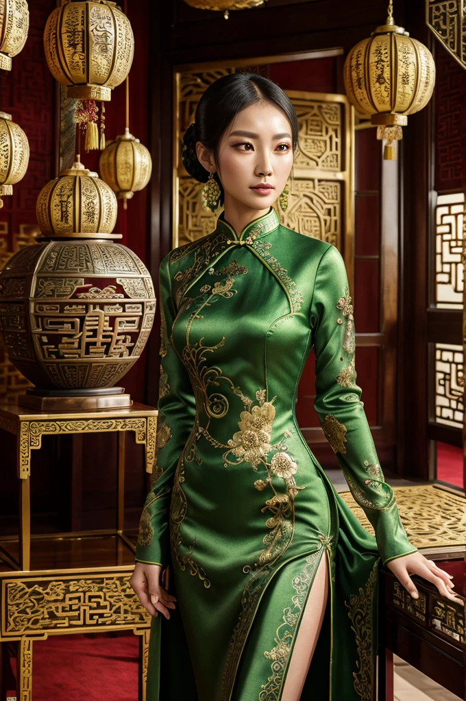 an alien creature,intricate cheongsam dress,asian royal room,green skin,barely humanoid,extremely detailed,photorealistic,ultra-detailed,masterpiece,8k,award winning art,dramatic lighting,ornate decor,ancient artifacts,opulent furnishings,silk embroidery,traditional chinese architecture
