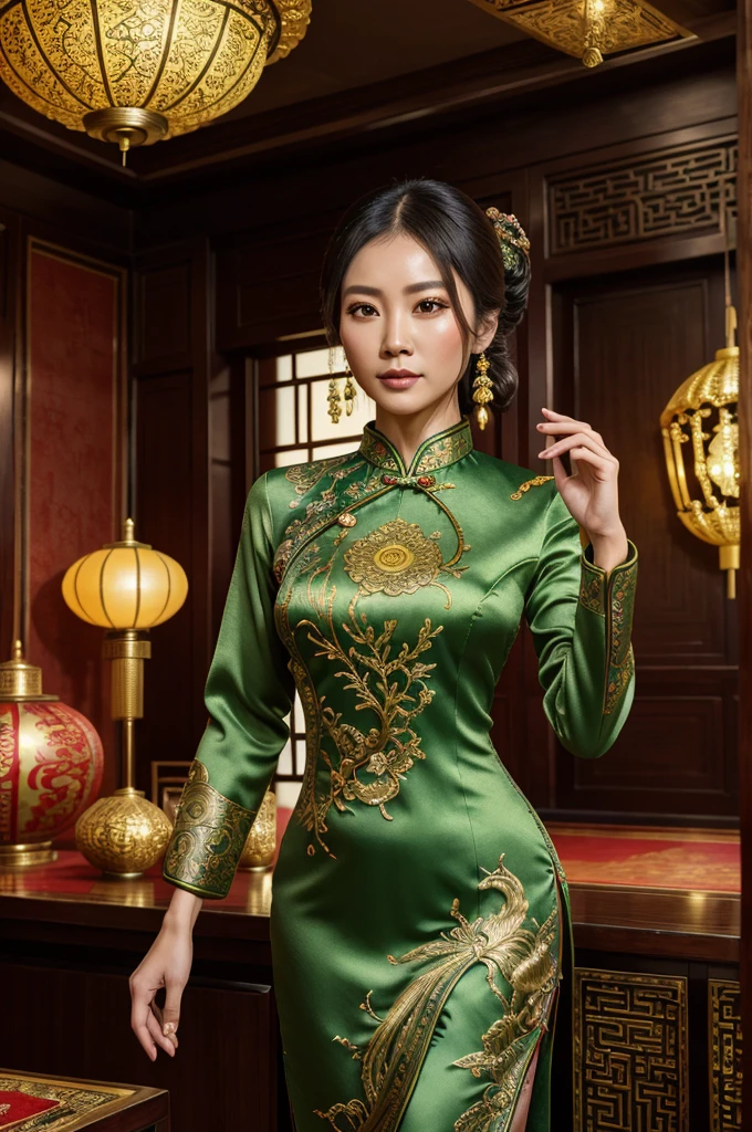 an alien creature,intricate cheongsam dress,asian royal room,green skin,barely humanoid,extremely detailed,photorealistic,ultra-detailed,masterpiece,8k,award winning art,dramatic lighting,ornate decor,ancient artifacts,opulent furnishings,silk embroidery,traditional chinese architecture
