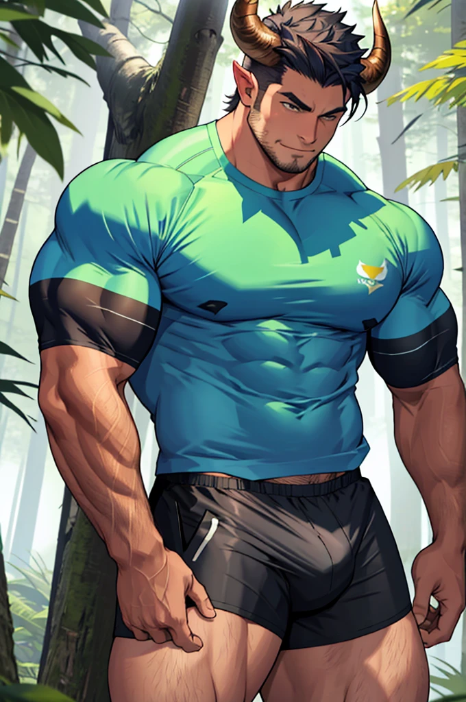 very muscular bull man, , tight shirt, small horns and bull ears, long bull tail, tight shorts showing bulge, man in forest, sexy bull m