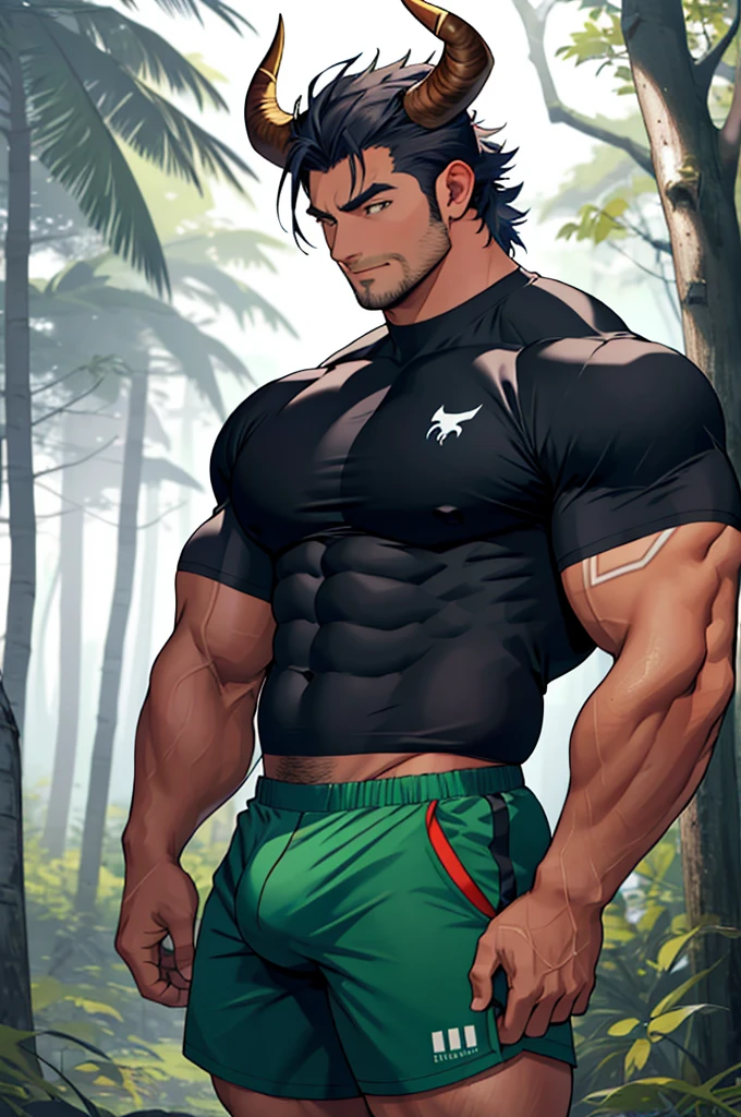 very muscular bull man, big breasts, tight shirt, small horns and bull ears, long bull tail, tight shorts showing bulge, man in forest, sexy bull man