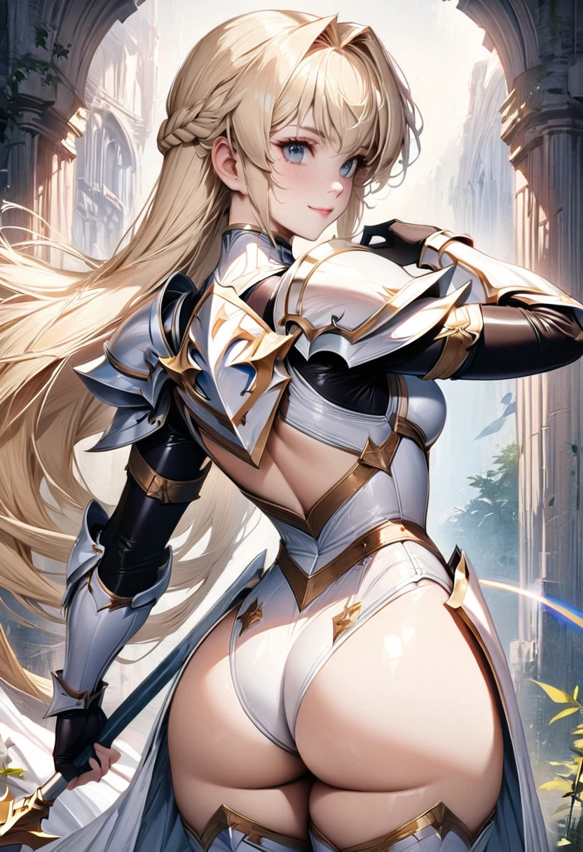 (((highest quality)), ((masterpiece)), ((hyperrealistic)), (detailed background), solo, 1girl, ((curvy: 1.2)), kawaii, gentle smile, ((Princess Knight)), ((back view)), langrisser, blonde braided long hair, ((white leotard: 1.5)), (white paladin armor: 1.3), ((Tight-fitting latex leotard bodysuit)),((spear)), Holding a spear, swing down the spear, spear at the ready, hold the handle of a spear, ((huge breasts)), ((arm guard gauntlet)), ((zettai ryouiki thigh boots)), (big butt), (cleavage cutout), (Groin area), (thigh), beautiful aqua eyes, droopy eyes, parted bangs, perfect face, Perfect hands, perfect fingers, Blue sky and grassland,