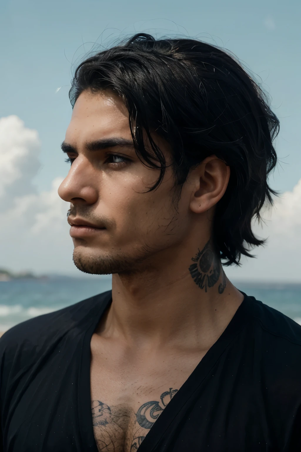**Alejandro** He is a man with an intense look and dark eyes that reflect a deep and mysterious soul.. Her jet black hair falls in unruly waves over her forehead., longer on top and meticulously short on the sides, giving it a modern and sophisticated look. His strong and chiseled jaw, along with a few days' worth of beard, gives it a rough but attractive appearance.
The most striking thing about Alejandro is the tattoo that adorns his skin; angel wings that extend from the nape of the neck until they disappear under the shirt, as if at any moment it was going to unfold them and rise towards the sky. This tattoo is not only a work of art but also a symbol of your freedom and indomitable spirit..