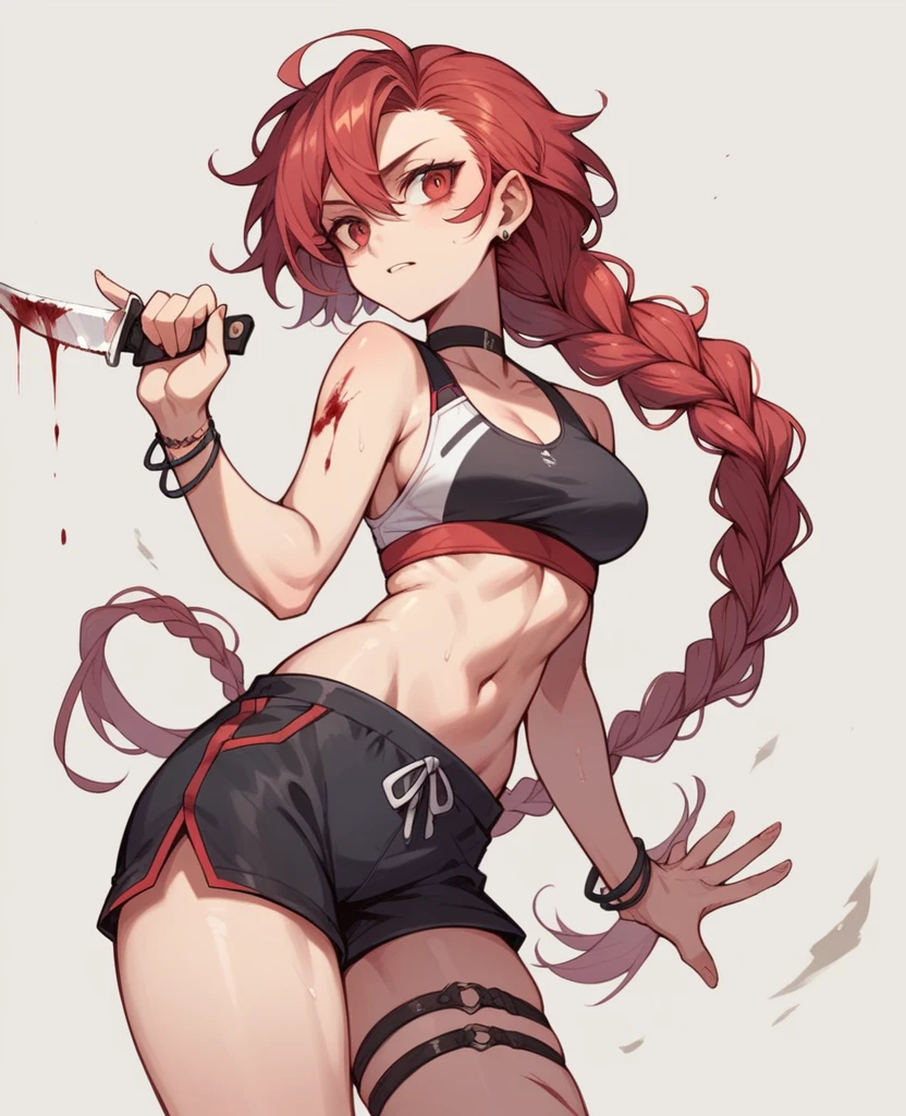 Our character has red hair and braided hair and blood streaks and a knife in his hand and a swimsuit and black shorts 