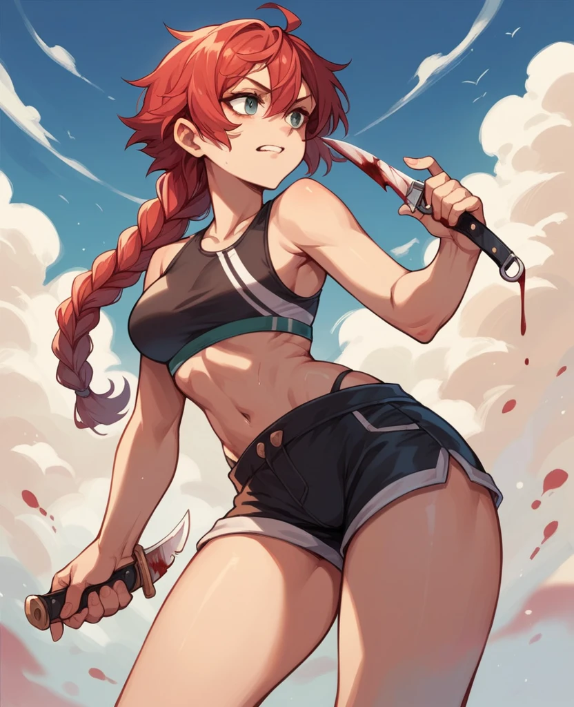 Our character has red hair and braided hair and blood streaks and a knife in his hand and a swimsuit and black shorts