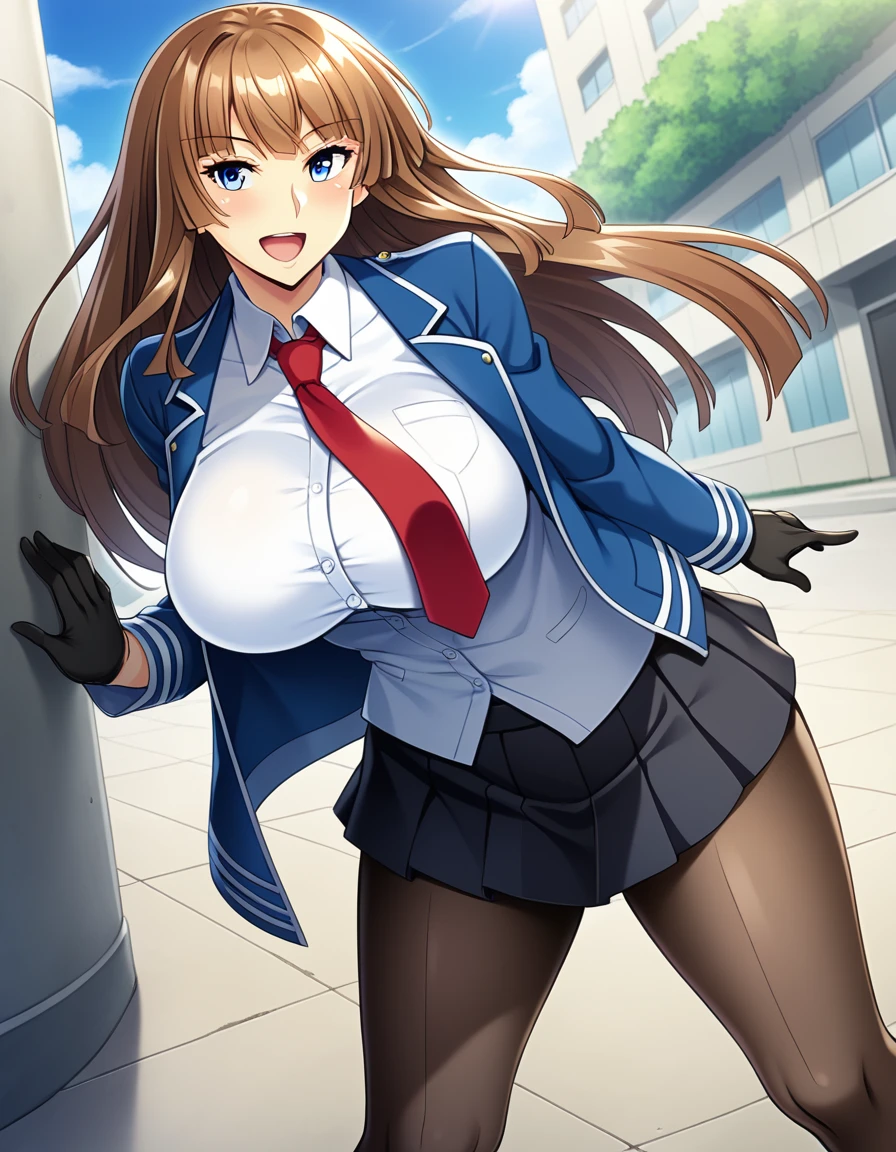 score_9, score_8_up, score_7_up, masterpiece, best quality, source_anime, game cg, beautiful eyes, BREAK solo, 1girl, koukawa asuka, brown hair, long hair, blue eyes, bangs, (huge breasts:0.8), medium body, BREAK (blue_school_jacket:1.1), breasts, black gloves, collared white blouse, red tie, black skirt, knee length pleated skirt, black pantyhose, shiny skin, BREAK smile, blush, open mouth, standing, outside, street,