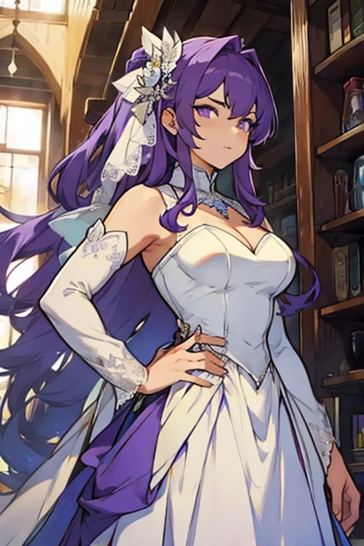 Young man purple hair purple eyes wearing wedding dress