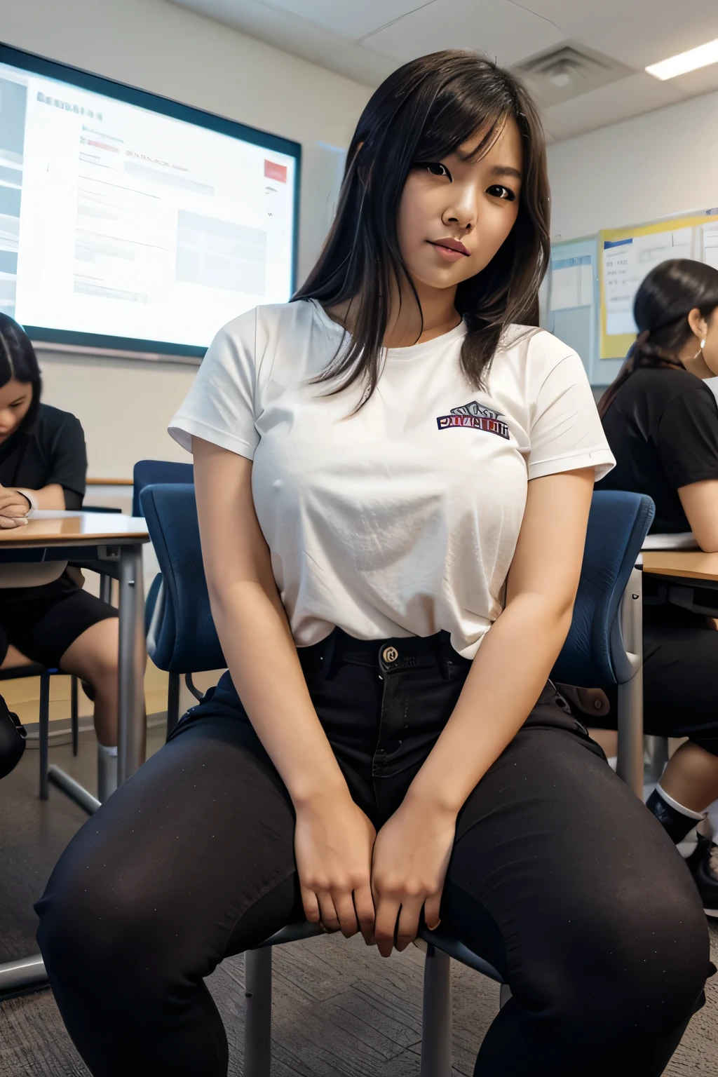 Asian Girl sitting in class, masturbating in class, thick thighs, hand in her pants, hands in her pants, touching vagina, goth 
