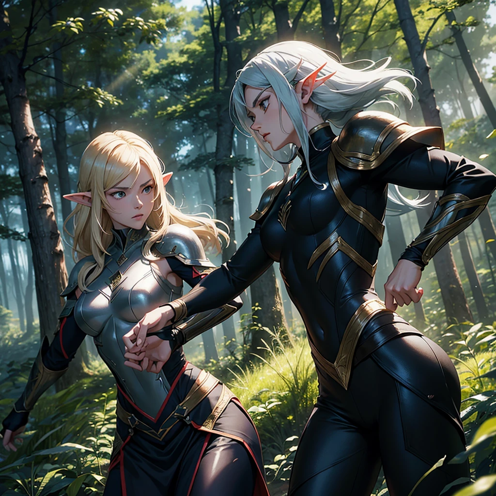 Anime style, Medium shot of Elven assassins training in the background.
Characters: Elven assassins with graceful, athletic builds.
Outfits: Sleek, dark armor that blends with the forest environment.
Action: They are practicing various combat techniques.