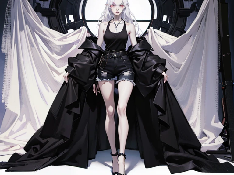 ((full body:1.4)),(black clothing:1.3).Cute 18 yo (albino:1.4)woman of Slavic descent.(short:1.1), , long white hair, gray eyes, ((very pale:1.4)). Innocent look. Gentle spirit.(virgin), (black tank top, jeans,), necklace, (black Mary Janes with straps).(joy),((smile)).Masterpiece, best quality(highly detailed:1.2),(detailed face and eyes:1.2), depth of field, 8k wallpaper, studio lighting, core shadows, high contrast, bokeh.