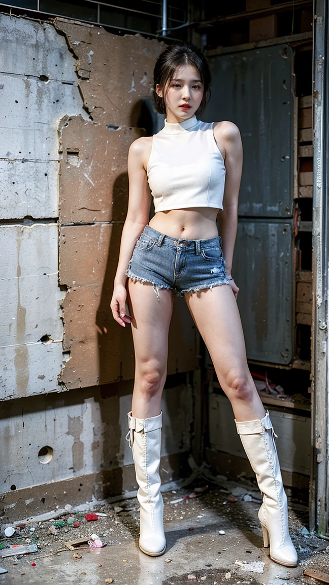 masterpiece,highest quality,High resolution,Full Body View,White jacket,Red innerwear,Belly button,Belted denim mini shorts,The heroine in white cowboy boots,Perfect Legs,Perfect Skin,Perfect Arms,Abdominal muscles,The background is an abandoned factory, short hair, naked portrait, nude photography, shiny nipple, show armpit 