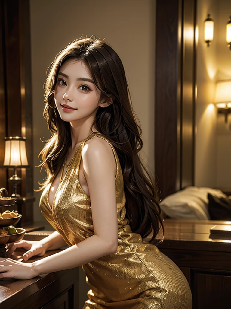 Beautiful woman、Narrow waist、Perfect figure、Beautiful eyes、Long eyelashes、Perfect body、Beautiful Skin、high resolution、A cinematic scene、Beautiful smile、Fashion Model、Long chestnut hair、Attractive clothing、Beautiful ornaments