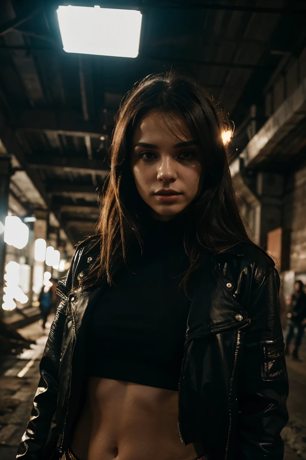 day vibes , huge underground warehouse, techno raver, looking badass, no blur, 8k - night time - party time, no blurry eyes, lady model, clear faces, HD, realism, sunrise