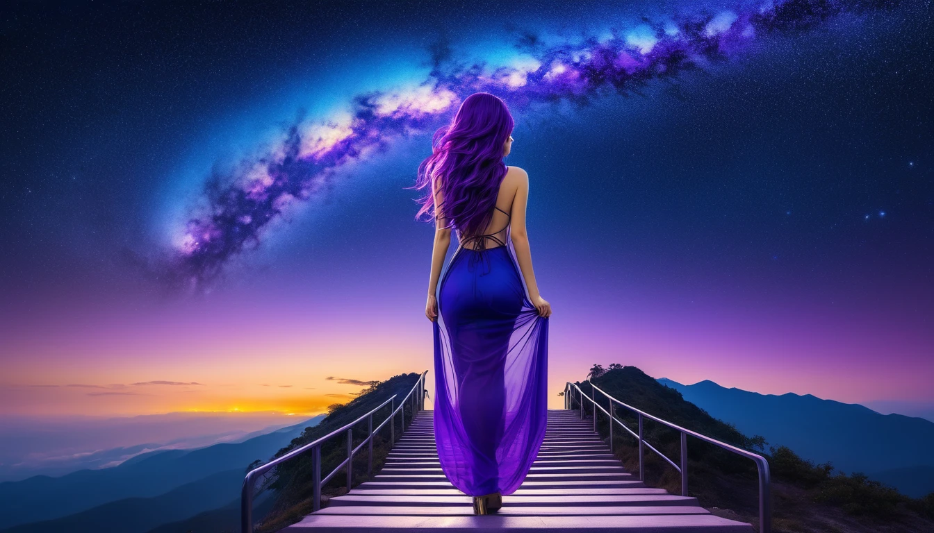 hdr, best image, 8k, image in dark neon blue, and violet, A BEAUTIFUL WOMAN, seen from behind, LONG purple HAIR, Wide ramp of steps, of white ivory and gold, descending, TOWARDS THE INFINITY OF THE HEAVENS, stars of cosmos, universe, clouds. giant mountain