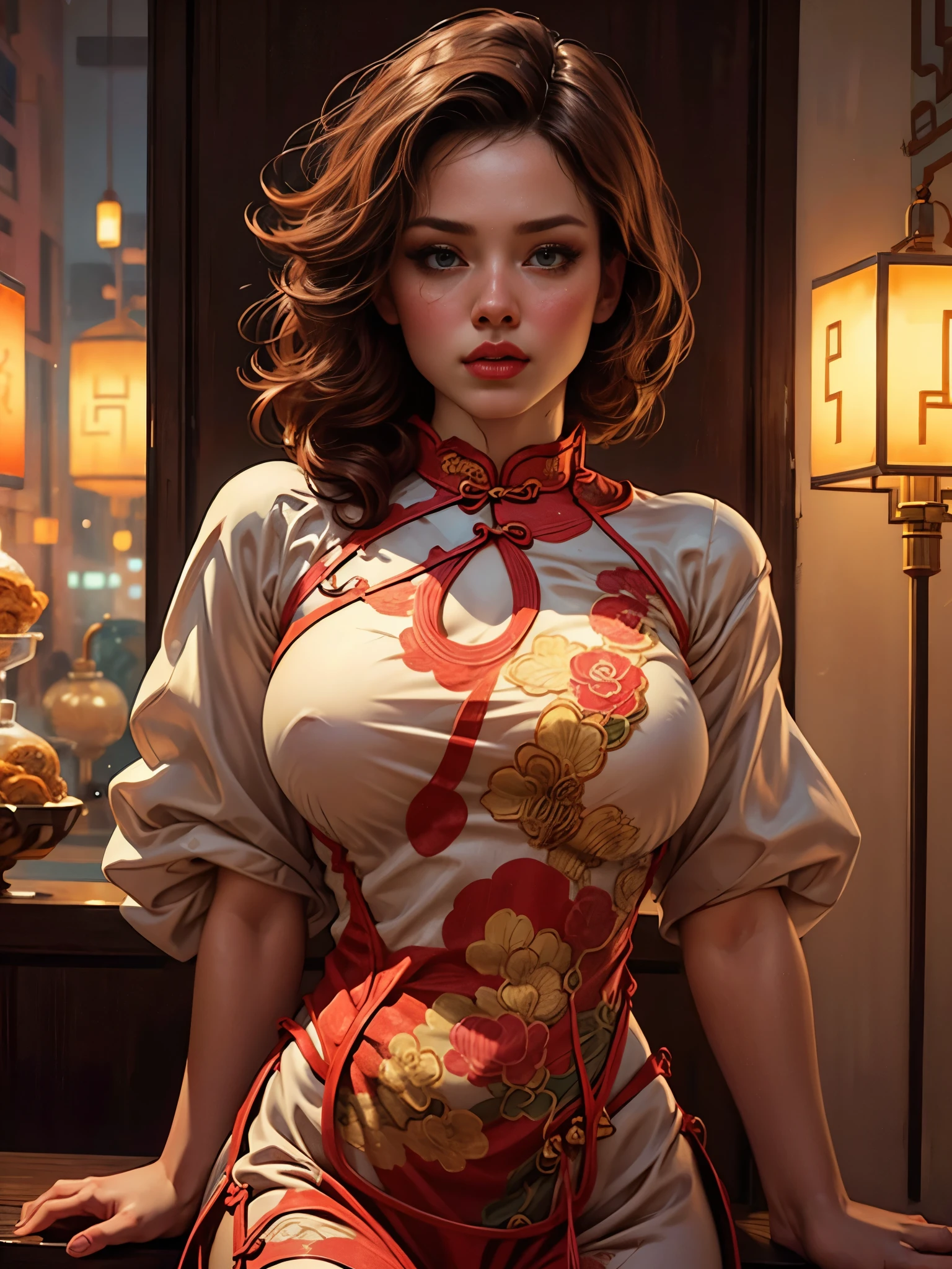 Half-length portrait:1.3,Wearing(Tight cheongsam:1.7)Beautiful woman,Ideal proportions,Full breasts,Slim waist,Plump buttocks,White skin,Surrounded by accessories,In a crowded Chinese restaurant,(Best quality,4K,8K,high resolution,masterpiece:1.2),Ultra Detailed,(lifelike,照片般lifelike,照片般lifelike:1.37),Delicate eyes,Delicate lips,Extremely detailed face,Long eyelashes,Intricate details,Gorgeous accessories,Gorgeous decoration,Warm Lights,Vibrant colors,Dramatic lighting,Atmospheric,Movie-like,Award-winning photography