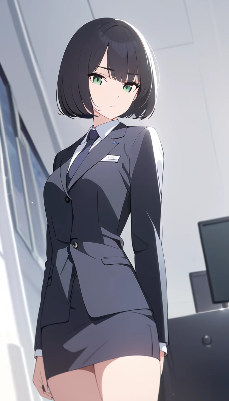 (masterpiece, high quality, best quality, highres,) One Woman, young, black hair, bob cut, Green Eyes, Athletic build, expressionless, closed mouth, office staff suit, Simple white background, standing, cowboy shot, (from the front)