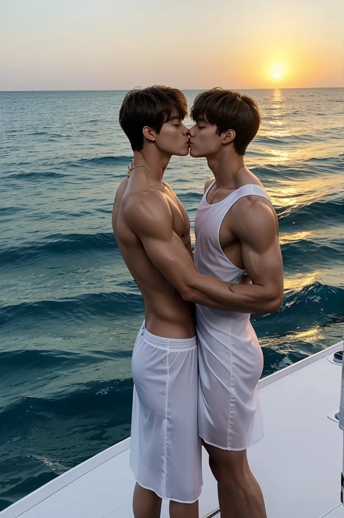 Kim taehyung and Jean jungkook kissing on the sea at sunset and one of the boys has  with a strong body of six packs and a tattooed hand and a boy who only has a wet white dress and his delicate body can be seen.