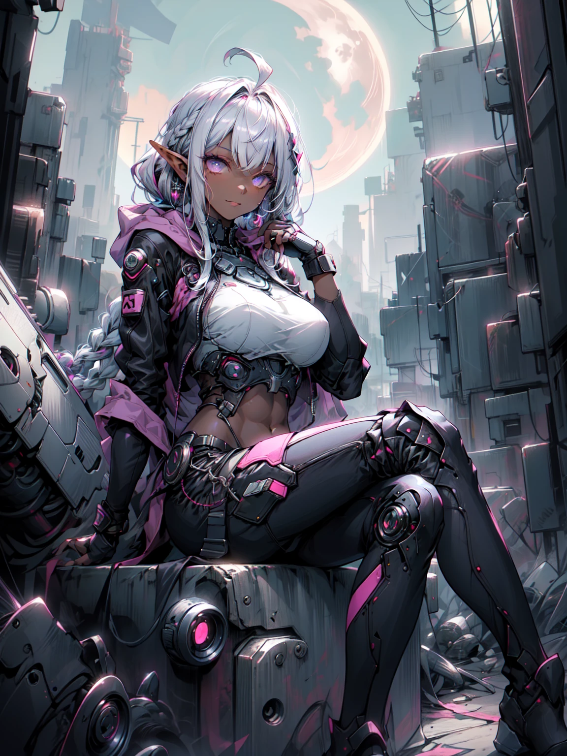((masterpiece)), (Highest quality), (Highest quality), ((Super become close, 8K quality)), aesthetics, Cinema Lighting, Soft semi-backlit lighting, (Thin line drawing), Confused, (Optimal Configuration), (High resolution),
Blake
A Rebellious Cyberpunk Dark Elf Female Image,Machinery Armor、Organic Armor Cyborg、Armor Textures、Wearing a cyberpunk shirt with armbands, Cyberpunk Techwear for Women, Techware Occultist, Stylish and edgy outfits, Black trousers, Sleeveless hoodie, Black Tie High Boots, zipper, (Sitting, I sat cross-legged), (Atmospheric perspective),Full moon sky,The dramatic dark atmosphere of the film,
Blake
very become close (Dark Elf), (1 Girl), alone, Perfect Face, become close, Ahoge, (Hair Loop:1.2), white, Shiny Hair, (Braided bangs:1.1),  Purple eyes, Shining Eyes, (beautiful and delicate eyelashes, eye shadow, pink eye shadow),A kind smile,  Design Art：Haruhiko Mikimoto, by Kawashi, By Yoshitaka Amano,
Blake
((Perfect Anatomy)), Perfect body, Abdominal muscles, Center of chest, Perfect hands, Perfect Face, Beautiful Face, Beautiful Eyes, Perfect Eyes, (Perfect Fingers, Thin fingers), Correct Anatomy, Perfect Legs, (Dark Skin:1.2)