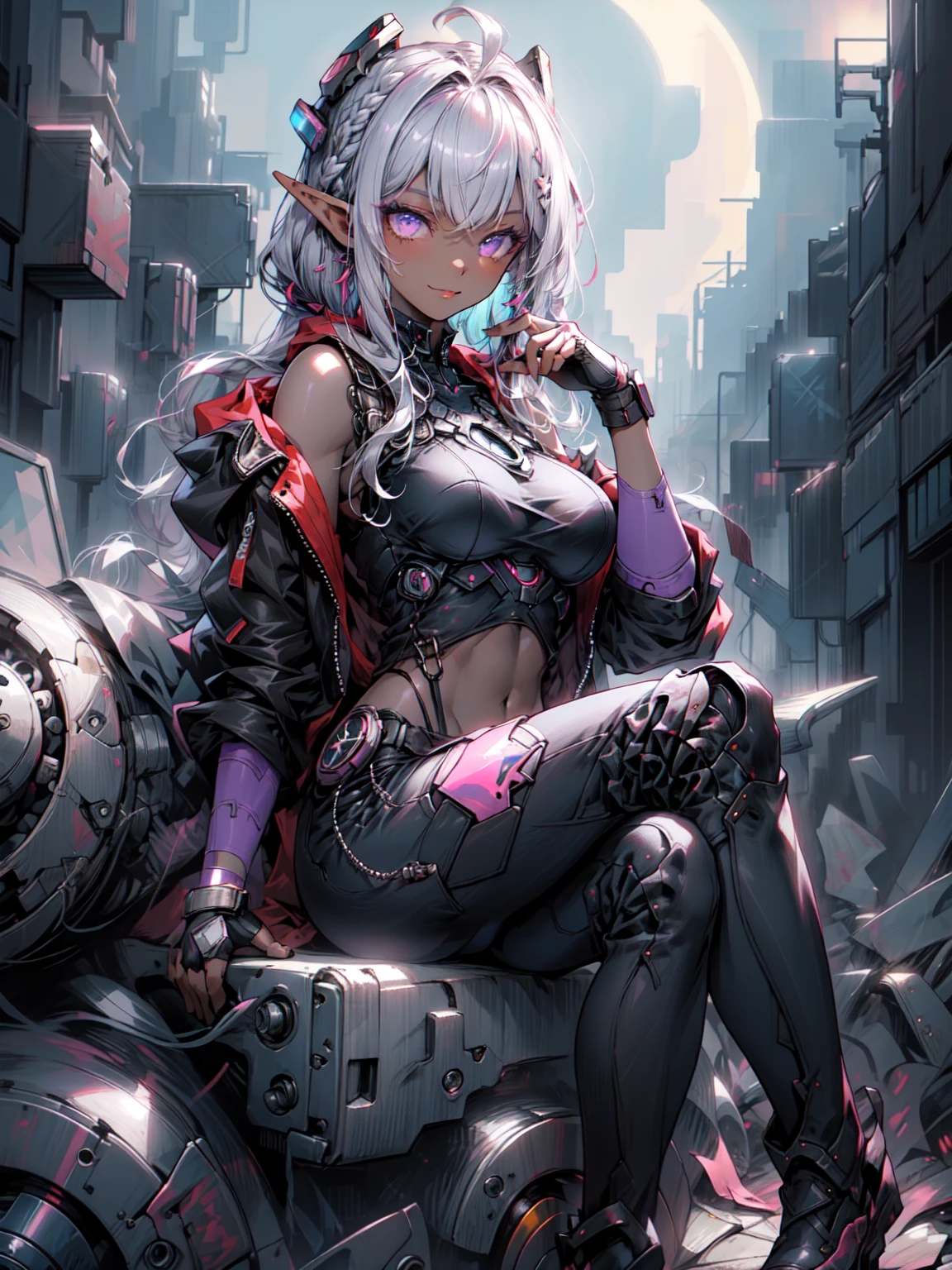 ((masterpiece)), (Highest quality), (Highest quality), ((Super become close, 8K quality)), aesthetics, Cinema Lighting, Soft semi-backlit lighting, (Thin line drawing), Confused, (Optimal Configuration), (High resolution),
Blake
A Rebellious Cyberpunk Dark Elf Female Image,Machinery Armor、Organic Armor Cyborg、Armor Textures、Wearing a cyberpunk shirt with armbands, Cyberpunk Techwear for Women, Techware Occultist, Stylish and edgy outfits, Black trousers, Sleeveless hoodie, Black Tie High Boots, zipper, (Sitting, I sat cross-legged), (Atmospheric perspective),Full moon sky,The dramatic dark atmosphere of the film,
Blake
very become close (Dark Elf), (1 Girl), alone, Perfect Face, become close, Ahoge, (Hair Loop:1.2), white, Shiny Hair, (Braided bangs:1.1),  Purple eyes, Shining Eyes, (beautiful and delicate eyelashes, eye shadow, pink eye shadow),A kind smile,  Design Art：Haruhiko Mikimoto, by Kawashi, By Yoshitaka Amano,
Blake
((Perfect )), Perfect body, Abdominal muscles, Center of , Perfect hands, Perfect Face, Beautiful Face, Beautiful Eyes, Perfect Eyes, (Perfect Fingers, Thin fingers), Correct , Perfect Legs, (Dark Skin:1.2)