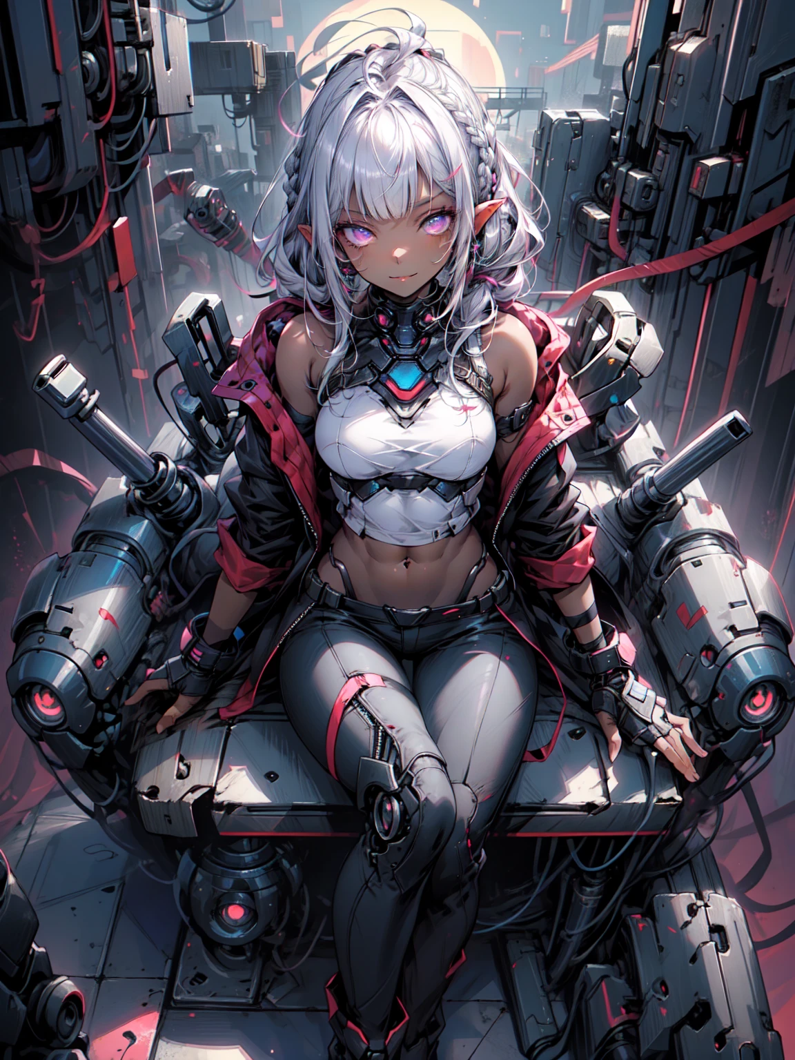 ((masterpiece)), (Highest quality), (Highest quality), ((Super become close, 8K quality)), aesthetics, Cinema Lighting, Soft semi-backlit lighting, (Thin line drawing), Confused, (Optimal Configuration), (High resolution),
Blake
A Rebellious Cyberpunk Dark Elf Female Image,Machinery Armor、Organic Armor Cyborg、Armor Textures、Wearing a cyberpunk shirt with armbands, Cyberpunk Techwear for Women, Techware Occultist, Stylish and edgy outfits, Black trousers, Sleeveless hoodie, Black Tie High Boots, zipper, (Sitting, I sat cross-legged), (Atmospheric perspective),Full moon sky,The dramatic dark atmosphere of the film,
Blake
very become close (Dark Elf), (1 Girl), alone, Perfect Face, become close, Ahoge, (Hair Loop:1.2), white, Shiny Hair, (Braided bangs:1.1), Purple eyes, Shining Eyes, (beautiful and delicate eyelashes, eye shadow, pink eye shadow),A kind smile, Design Art:Haruhiko Mikimoto, by Kawashi, By Yoshitaka Amano,
Blake
((Perfect Anatomy)), Perfect body, Abdominal muscles, Center of chest, Perfect hands, Perfect Face, Beautiful Face, Beautiful Eyes, Perfect Eyes, (Perfect Fingers, Thin fingers), Correct Anatomy, Perfect Legs, (Dark Skin:1.2)