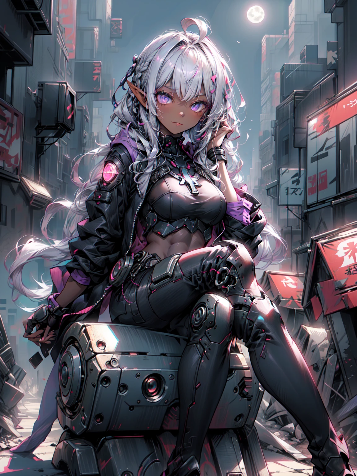 ((masterpiece)), (Highest quality), (Highest quality), ((Super become close, 8K quality)), aesthetics, Cinema Lighting, Soft semi-backlit lighting, (Thin line drawing), Confused, (Optimal Configuration), (High resolution),
Blake
A Rebellious Cyberpunk Dark Elf Female Image,Machinery Armor、Organic Armor Cyborg、Armor Textures、Wearing a cyberpunk shirt with armbands, Cyberpunk Techwear for Women, Techware Occultist, Stylish and edgy outfits, Black trousers, Sleeveless hoodie, Black Tie High Boots, zipper, (Sitting, I sat cross-legged), (Atmospheric perspective),Full moon sky,The dramatic dark atmosphere of the film,
Blake
very become close (Dark Elf), (1 Girl), alone, Perfect Face, become close, Ahoge, (Hair Loop:1.2), white, Shiny Hair, (Braided bangs:1.1), Purple eyes, Shining Eyes, (beautiful and delicate eyelashes, eye shadow, pink eye shadow),A kind smile, Design Art:Haruhiko Mikimoto, by Kawashi, By Yoshitaka Amano,
Blake
((Perfect Anatomy)), Perfect body, Abdominal muscles, Center of chest, Perfect hands, Perfect Face, Beautiful Face, Beautiful Eyes, Perfect Eyes, (Perfect Fingers, Thin fingers), Correct Anatomy, Perfect Legs, (Dark Skin:1.2)