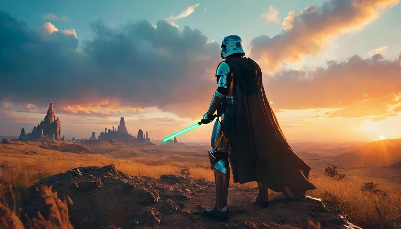 View a vast desert landscape bathed in golden twilight, evoking the iconic Star Wars look. In the center of the scene, a Jedi in a flowing cape stands silhouetted against the orange sky, your glowing blue lightsaber in your hand, pronto para enfrentar qualquer desafio. The ruins of an ancient civilization rise majestically in the background, and the remains of a fallen AT-AT adorn the landscape. The atmosphere is charged with expectation, as if an epic battle was about to begin.hyper realistic composition,32k resolution,cinematic composition,cinematic color grading.photography whit Phaseone 85mm,depth of field.pantones #CEDBE1#D3B9AO#73503C#A6826D#261B17
