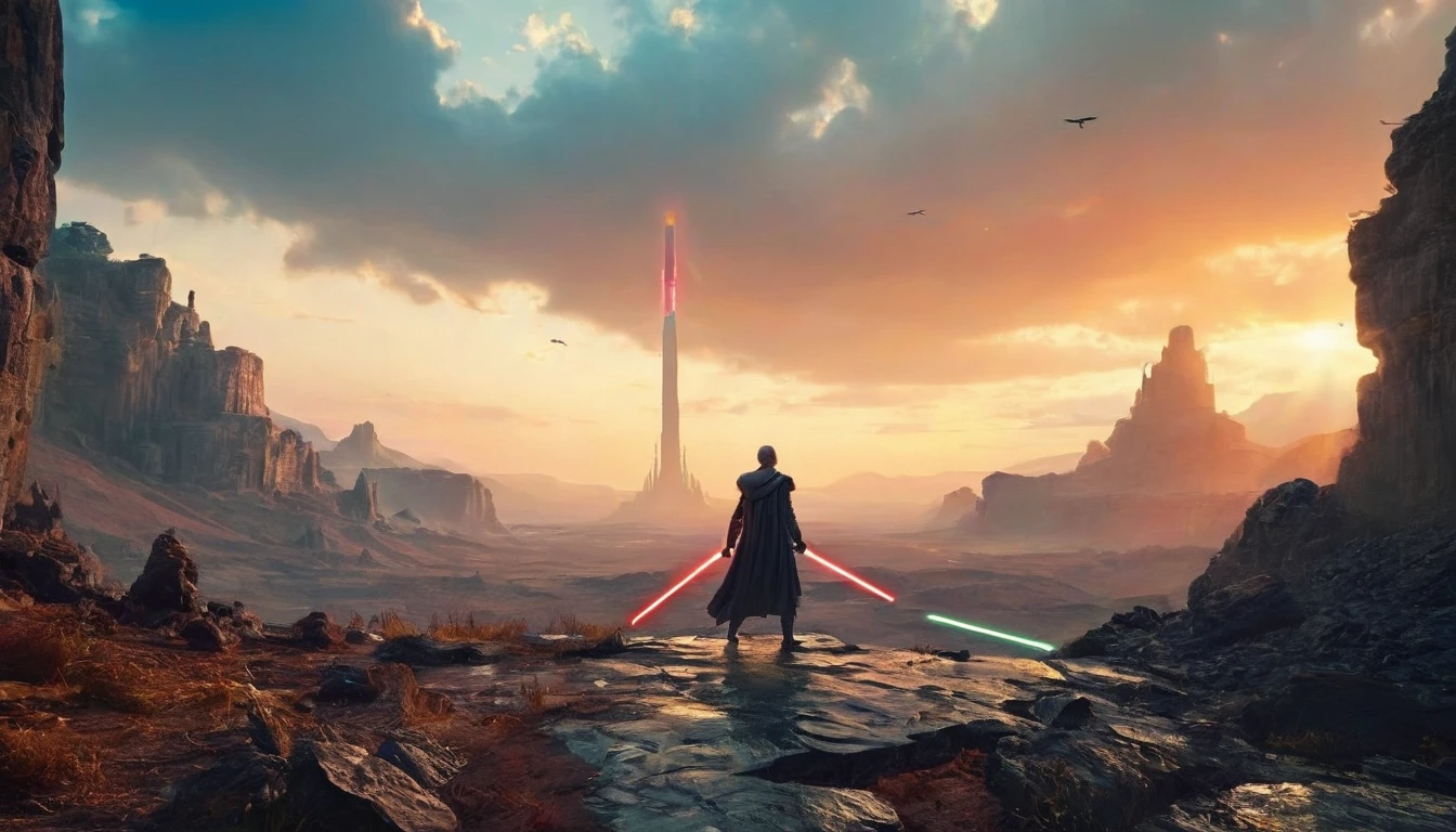 View a vast desert landscape bathed in golden twilight, evoking the iconic Star Wars look. In the center of the scene, a Jedi in a flowing cape stands silhouetted against the orange sky, your glowing blue lightsaber in your hand, pronto para enfrentar qualquer desafio. The ruins of an ancient civilization rise majestically in the background, and the remains of a fallen AT-AT adorn the landscape. The atmosphere is charged with expectation, as if an epic battle was about to begin.hyper realistic composition,32k resolution,cinematic composition,cinematic color grading.photography whit Phaseone 85mm,depth of field.pantones #CEDBE1#D3B9AO#73503C#A6826D#261B17