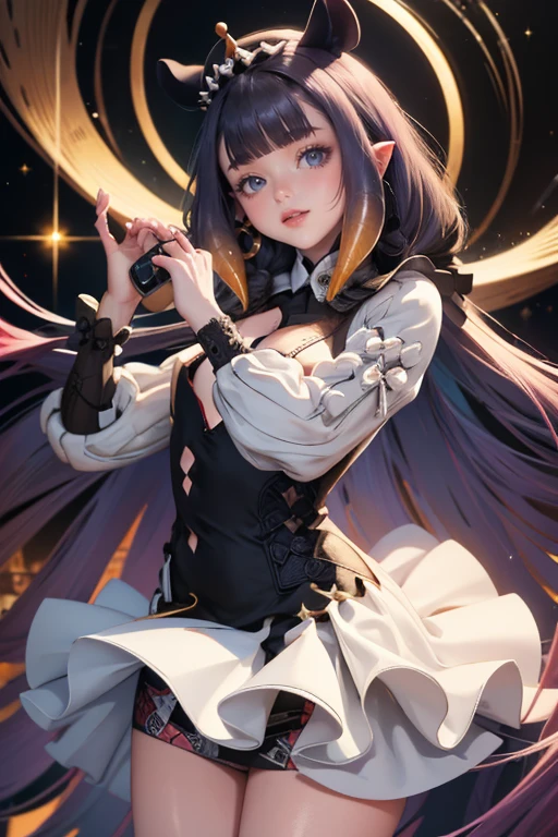 Ninomae Ina'nis, VTuber, gold tiara on her bangs, white roses, ornament hair, white roses on her hair, angel, perfectly body, perfectly hands, multicolored hair, violet hair, orange hair, long hair, gold lantern, wave hair, flowing hair, black dress, more details on her clothes, black dress with gold details, night, 1 girl, Looking at the audience, on the stage holding a microphone, flowing hair, Beautiful Eyes, Plump and glossy lips, Idol, dress with too many frills, black dress, white laces, black Short skirt, Drape clothes, violet gem, Lace trim, bright stage, luxury gold details, gold jewelry, more details, best quality, Big sparkling eyes, blushing, Striped Lace Stockings, black ta skirt, sparkle, solo, centered girl, cowboy shot, perfectly body, perfectly hands, two arms, two legs, two hands, five fingers, perfect anatomy, glowing hair, white roses, 1girl, dress, solo, floating hair, on the stage, sparkles, more details on her clothes, dress with transparency, golden details on her dress, night, holding a microphone, ((4k, masterpiece, top-quality)), 8k, best quality, high resolution, UHD, (illustration:0.8), super cute girl, delicate and beautiful face, mature girl, super cute hairstyle, (beautiful detailed eyes:1.6), extremely detailed face, perfect lighting, extremely detailed CG, (perfect hands, perfect anatomy), Best quality