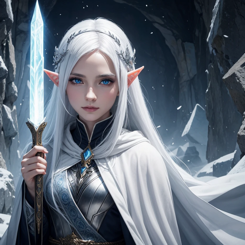 A female elf with white hair, blue eyes, beauty face, white skin. Wearing expensive cloak and ancient wand. Her hair covering one of her eyes and icy gaze.