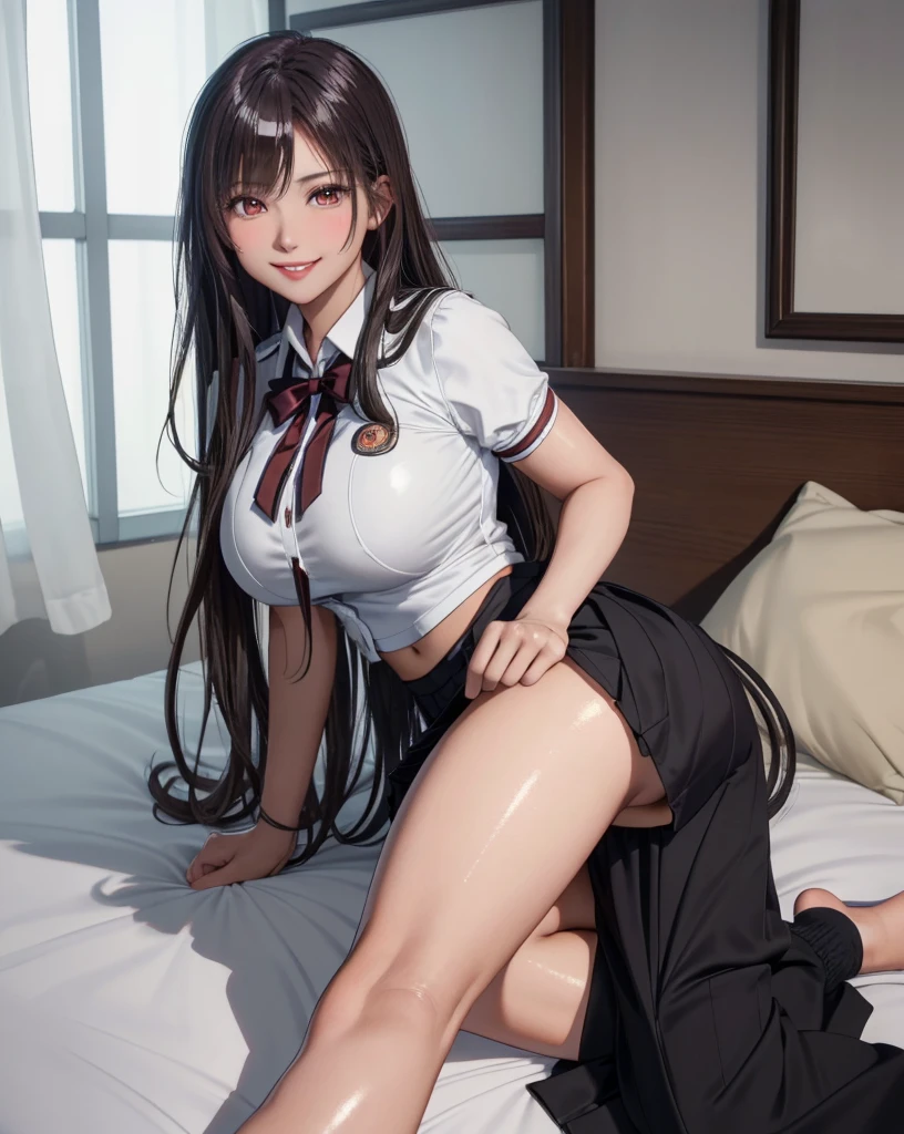 (((orgasm, seductive smile))), (((24yo, gyaru))), masterpiece, (((wearing tight sexy summer school uniform)), (allfours), ((large breasts)), ((large hip)), (nsfw, vulgality), (shiny skin), (((skindentation))), photorealistic, realistic, solo, photorealistic, best quality, ultra high res, YuraS, bed, parted lips, beautiful, masterpiece, best quality, extremely detailed face, perfect lighting, ultra high res, ultra detailed
