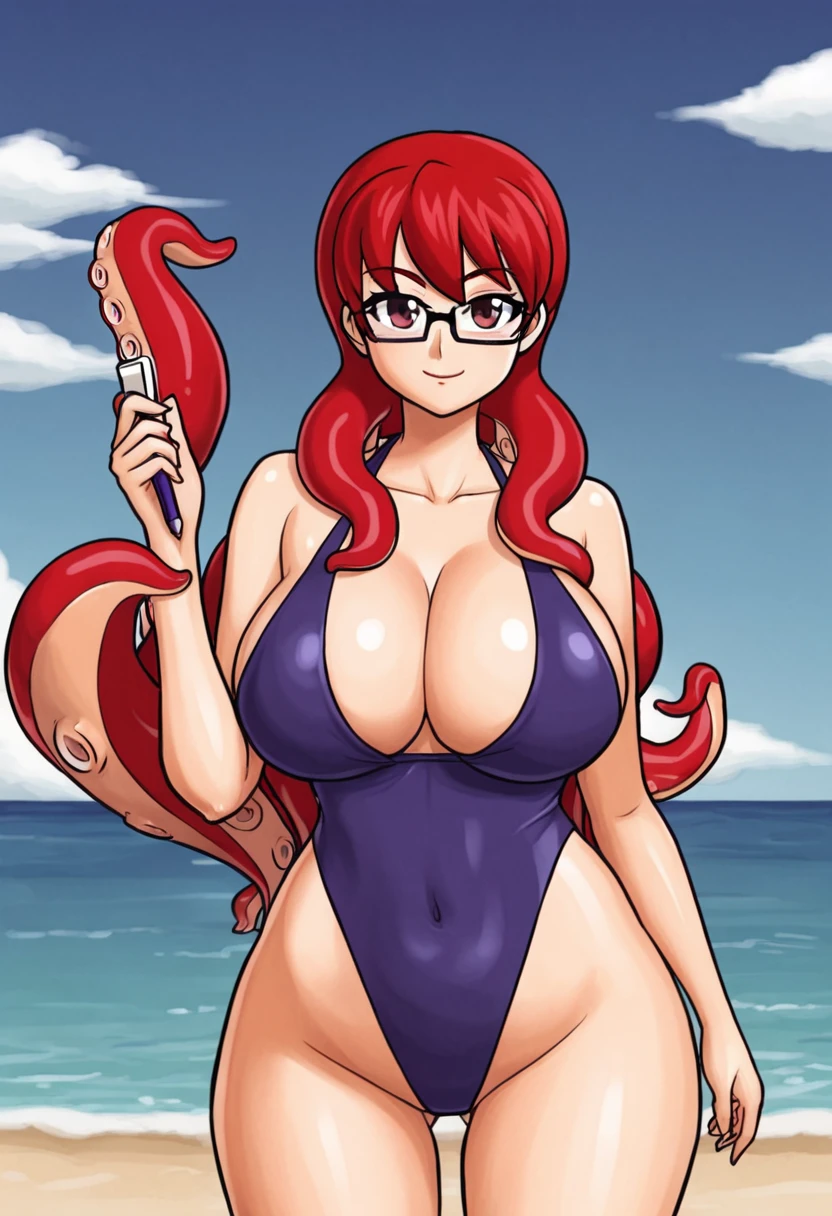 Anime girl, 21 years old, curvy body shapes, beach background, Without clothing, Long red hair, glasses, octopus hugs her