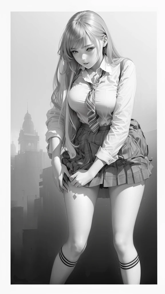 realistic , beautiful high school girl, full body drawing, seductive girl, beautiful alluring girl, school girl, touching her clothes, full body illustration, colorize it, white shirt and pink skirt