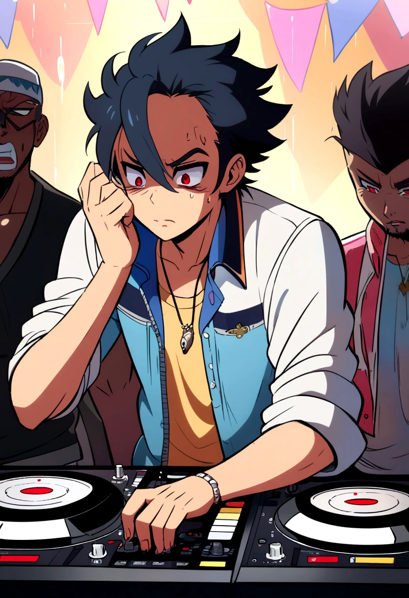 anime style, Furro, red eyed boy, dj, stressed