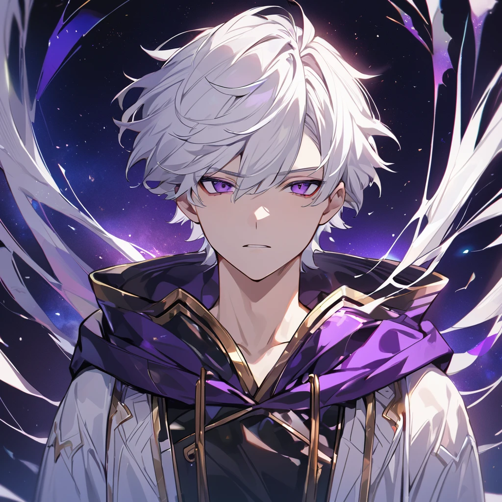 High quality, HD, 4k, no shadows, handsome male, 1male, , teenager, go lining, short white hair, sharp eyes, dark purple eyes, deep purple eyes, devil may cry, close up, calm expression, stoic expression, black leather clothes, white leather clothing, lean body, upper body, looking at viewer, cowboy shot, white solar, space background