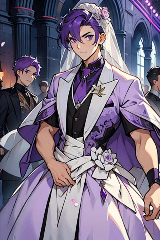 Young man purple hair purple eyes wearing wedding dress