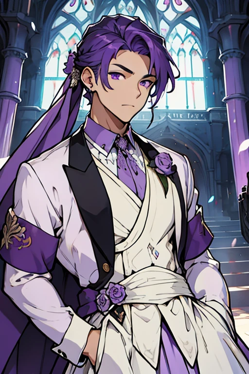 Young man purple hair purple eyes wearing wedding dress 