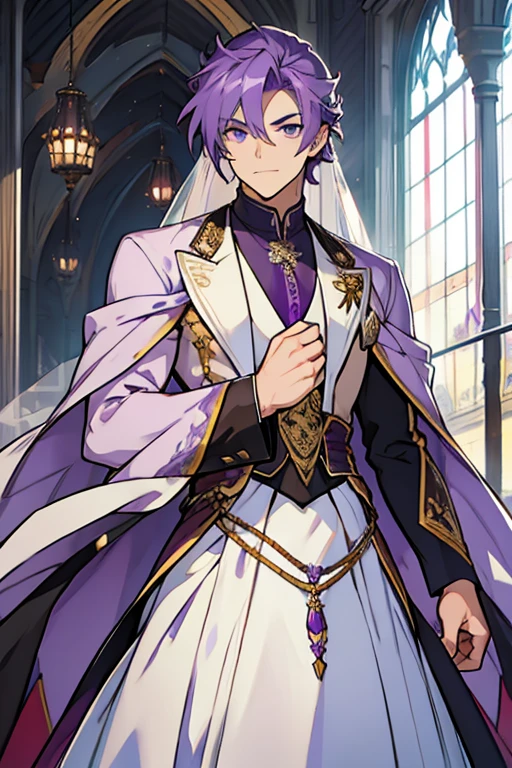Young man purple hair purple eyes wearing wedding dress