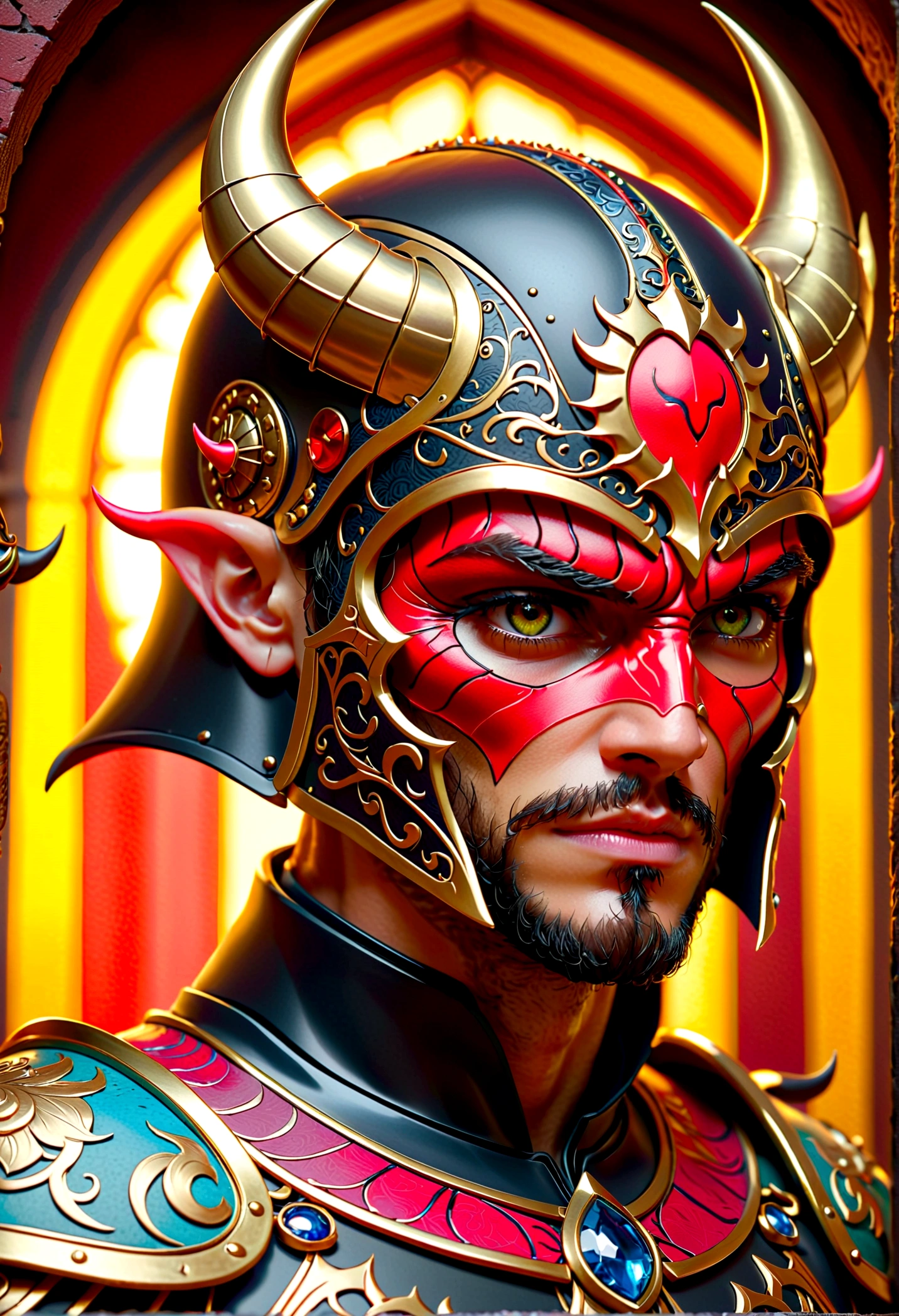 Wearing a devil helmet, dusty detail decoration, Tired of fighting, Man Warrior, armor, epic, scars in the face, DND portrait, complex, 8k resolution, Dynamic Lighting, Ultra Detailed, Unreal 5, Volumetric Lighting, Alphonse Mucha, Pre-Raphaelite, Detailed background, Mandala, Delicate face, Delicate eyes, Neon eyes  