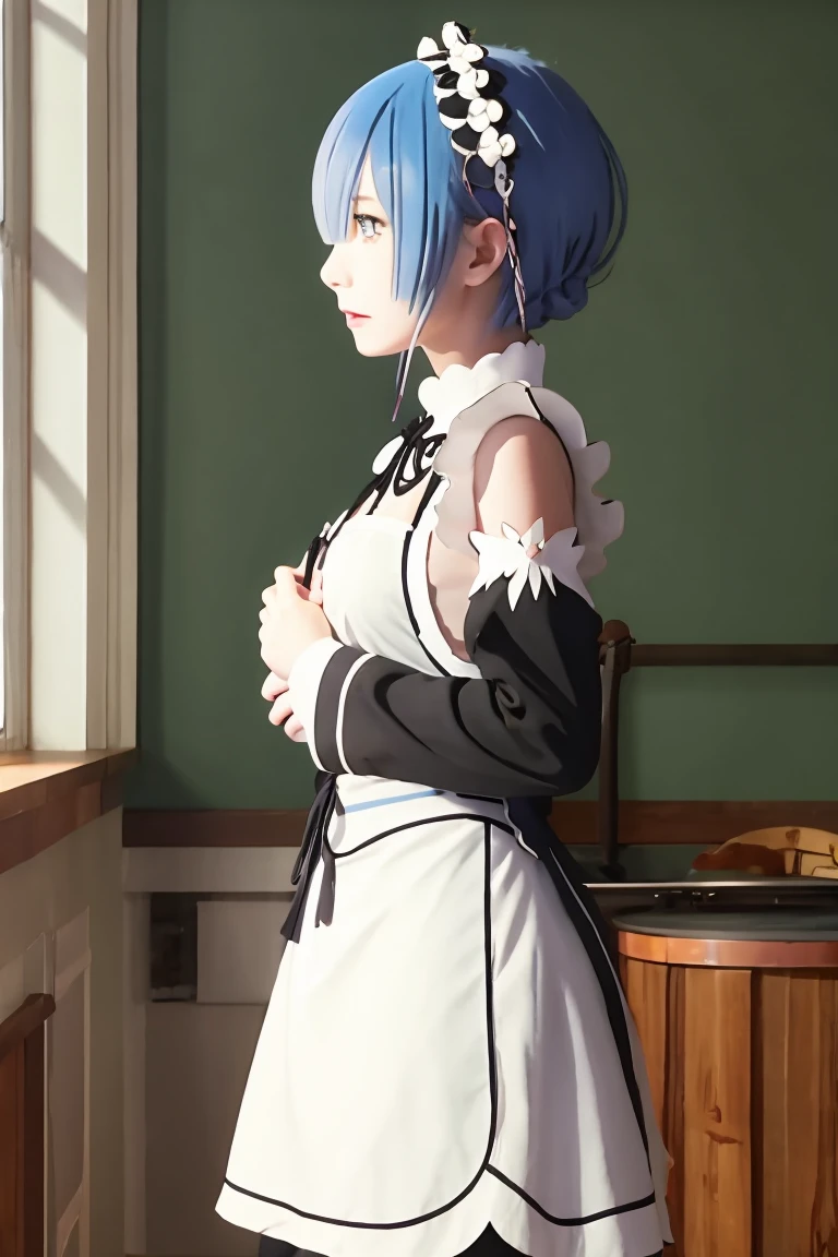 masterpiece,best quality,anime,2d,detailed face, ph_rem, remhd, 1girl, blue hair, solo, blue eyes, x hair ornament, looking at viewer, apron, maid headdress, holding, dress, green dress, standing, from side, maid, long sleeves, indoors, white apron, medium breasts,
(anime screencap:0.6),
