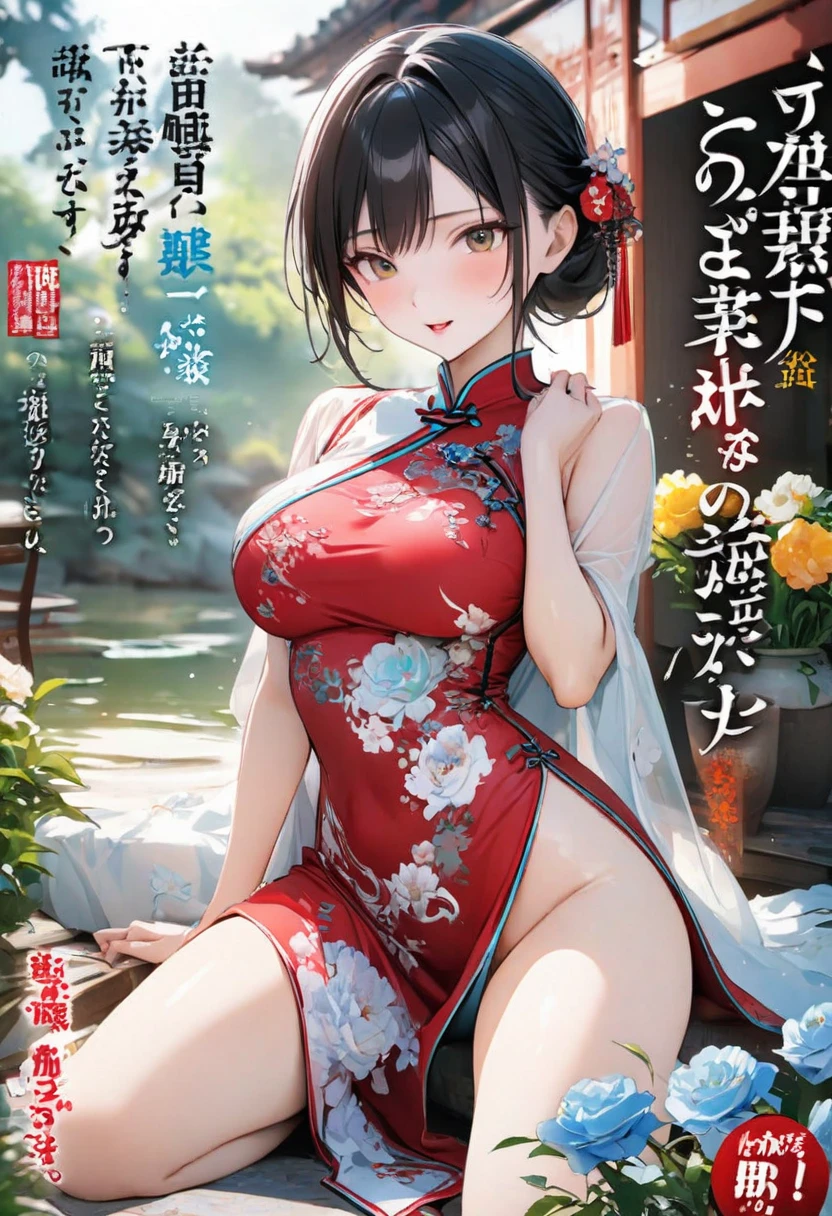 Magazine cover(masterpiece, best quality:1.2),woman,(((The eyes are delicate)))Flowers flying((Red cheongsam))garden,(8K)(HD)
