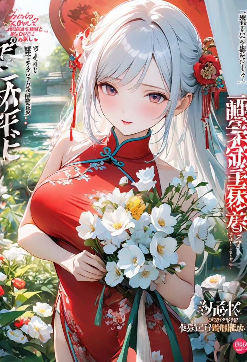 Magazine cover(masterpiece, best quality:1.2),woman,(((The eyes are delicate)))Flowers flying((Red cheongsam))garden,(8K)(HD)