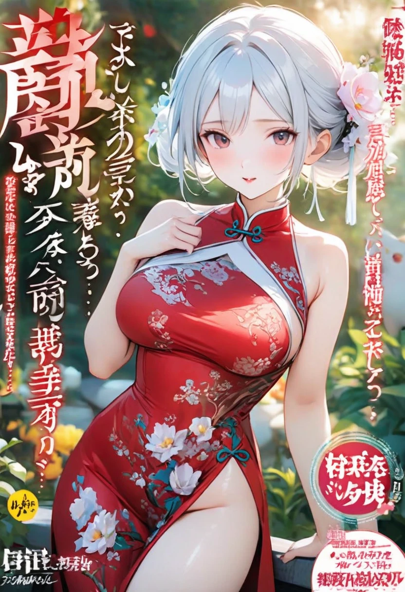 Magazine cover(masterpiece, best quality:1.2),woman，（（（The eyes are delicate）））Flowers flying（（Red cheongsam））garden，（8K）（HD）