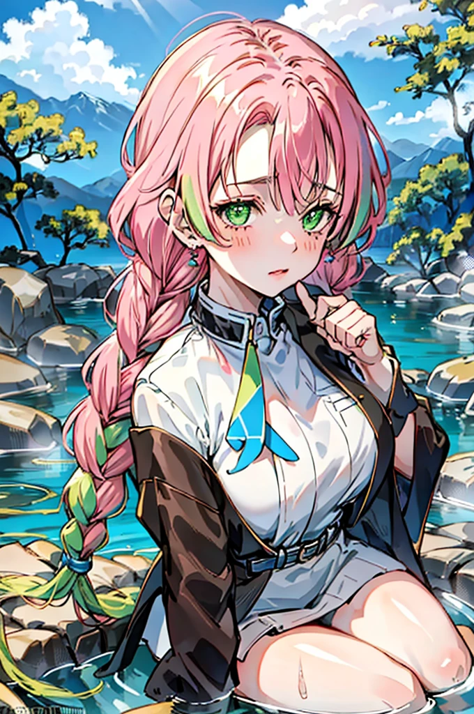 (masterpiece:1.2, best quality), (real picture, intricate details), solo, 1milf, home, close-up face, shirt, (front focus), large round earrings, Looking at me, bangs,An anime-style female character with pink and green hair, styled in a long braid, is depicted sitting in a hot spring, water droplets visible on her skin. The background features rocky terrain and lush greenery with a mountainous landscape. She has a gentle expression and a blush on her cheeks.