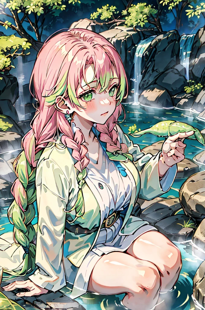 (masterpiece:1.2, best quality), (real picture, intricate details), solo, 1milf, home, close-up face, shirt, (front focus), large round earrings, Looking at me, bangs,An anime-style female character with pink and green hair, styled in a long braid, is depicted sitting in a hot spring, water droplets visible on her skin. The background features rocky terrain and lush greenery with a mountainous landscape. She has a gentle expression and a blush on her cheeks.