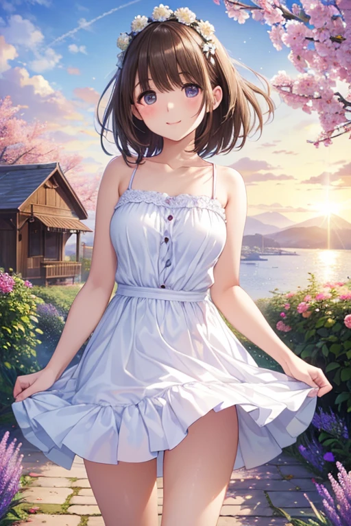 ((Tabletop, Highest quality, High resolution, Hmph, Pixel perfect, 4K, Hmph, Hmph))), 


anegasaki nene、Shiny brown hair, short hair, Beautiful brown eyes、大きなsmile、Sparkling eyes, (Fine grain)、Ultra-detailed eyes、Highly detailed face, Highly detailed eyes,


Very cute and beautiful girl wearing a white flower crown,White cami mini dress sole、Make it pink、
(Very beautiful face and eyes:1.2),(Lavender Garden),Cobblestones,Distant Sea,Beautiful summer sky,
(Mid Shot:1.15),Leg Details,smile,,Dynamic pose,Dynamic Angle,View your audience,
(Highest quality,masterpiece:1.2),(Intricate details),1 Girl,alone,High resolution,Natural light,Hair blowing in the wind,