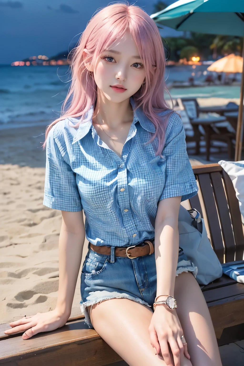 (8K, top-quality, masterpiece:1.2), (reallistic, Photorealsitic:1.37), Super Detail, One girl,), (Highly detailed), (beautifully detailed eyes), (of the highest quality), (super detailed ), (masterpiece), (Detailed face),20yr old, ,1 girl, ((pink hair,long hair)), medium breasts, clothed, Perfect Lighting, BREAK, (light blue gingham shirt:1.3), (white linen socks:0.8), (beige loafers:0.9), (casual summer style:1.5), (short sleeve shirt:1.2), (denim shorts:1.4), (indigo jeans:1.3), (rolled up cuffs and hems:1.1), (relaxed fit:1), (gold and silver accessories:0.8), BRAKE, (upperbody to thighs:1.1), (long pink hair:1.2), (soft smile:1), (face turned slightly right:1), (right hand touching hair:1), (left arm relaxed:1), (night beach:1.3), (nlght sea:1.2), (open composition:1), (Midnight:1.4), (Starry sky:1.4), (Crescent moon:1.2), (Thin clouds:1.2)