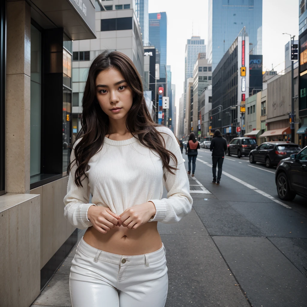 highly detailed stunningly gorgeous 25 year old Japanese woman in a in a all white sweater, brown coat and black leather pants , (big breast and buttocks: 0.2), pale skin, blue eyes, looking at the camera, walking in New York among giant skyscrapers and huge buildings , long curly hair, (perfect eyes:1.2), (perfect face:1.2), perfect hands, (perfect fingers:1.2), (perfect legs:0.5), (toned physique:1.2), high quality RAW photograph, hyper detailed, hyper realistic, amazing and beautiful, Hasselblad 35mm lens, ISO 400, face in frame, character centered in frame