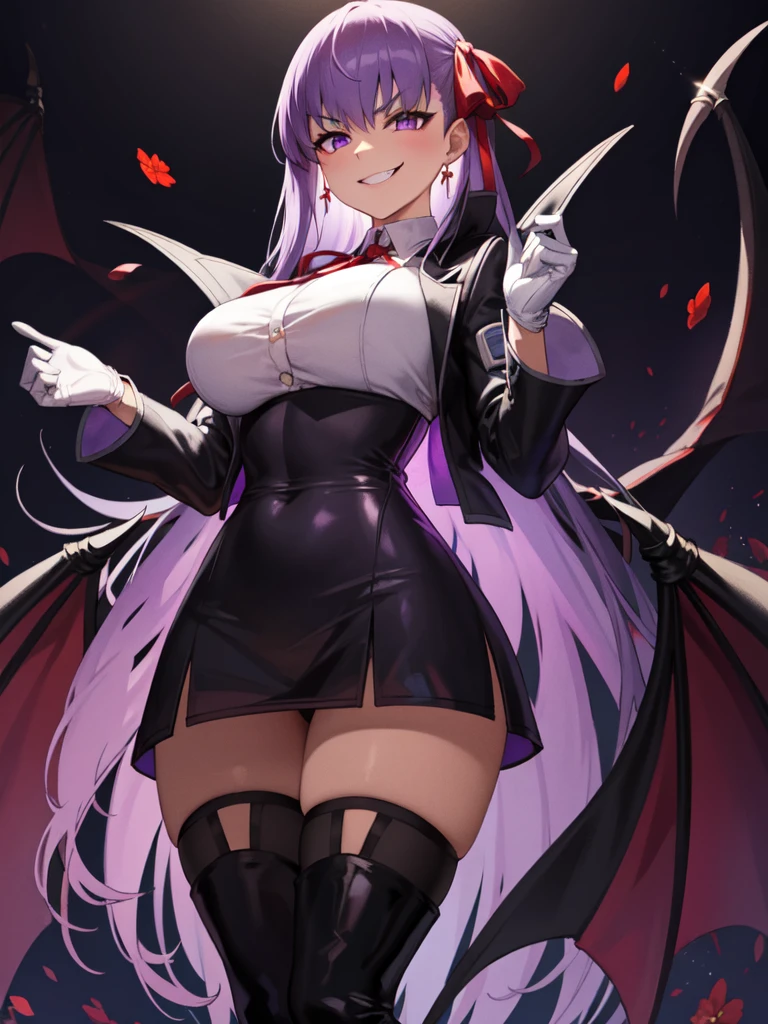 isometric, mid shot, night, ,,, purple hair, black jacket, white shirt, black skirt, red ribbon, big breasts, purple eyes, white gloves, long hair, big collar, evil smile,smirk,thighhigh boots,(evil smile:1.3),Highly detailed CG Unity 8K wallpaper, perfect lighting,laugh at,too evil smile,too evil smirk,looking down at viewer,,smile bad,deep shaded face,too evil fall,dark world background,