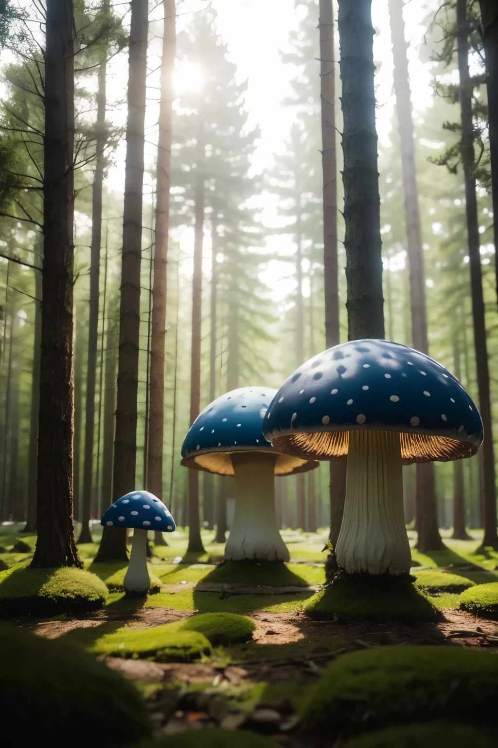 a mystical forest of giant mushrooms, photorealistic,realistic:1.2) physically based rendering, Long shot, low angle photography from behind, visual depth, breathtaking perspectives,(highest quality:1.3), long shot cinematic, Work of art, (sharp focus:1.5), (photorealistic:1.3), ((extremely delicate and beautiful)), Focus on mushrooms, Magic light, BLUE light, bright light, Wonderland, Dors on the mushrooms