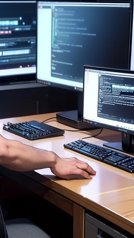 (masterpiece, highest quality, in 8k, super detailed, high resolution, anime style, absolutely), (alone:1.5), handsome man, computer programming, programming text on monitor, keyboard typing